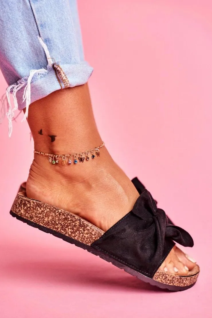 Damskie Boto Damskie Klapki Na Korku Kokardki Czarne Felis