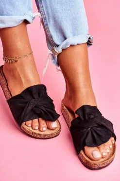 Damskie Boto Damskie Klapki Na Korku Kokardki Czarne Felis