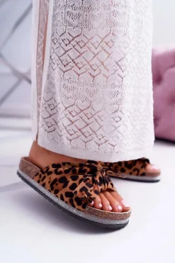 Boto Damskie Klapki Na Korku Kokarda Cyrkonie Leopard Astria