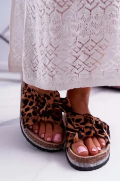 Boto Damskie Klapki Na Korku Kokarda Cyrkonie Leopard Astria