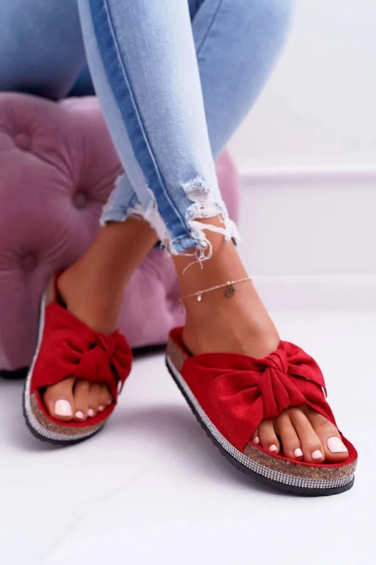 Damskie Boto Damskie Klapki Na Korku Kokarda Cyrkonie Czerwony Astria