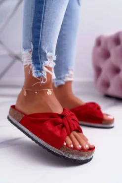 Damskie Boto Damskie Klapki Na Korku Kokarda Cyrkonie Czerwony Astria