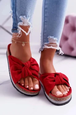 Damskie Boto Damskie Klapki Na Korku Kokarda Cyrkonie Czerwony Astria