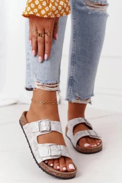 Discount Evento Damskie Klapki Na Korku Z Klamrami Srebrne Vivio Szary