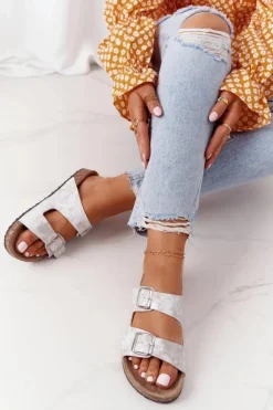 Discount Evento Damskie Klapki Na Korku Z Klamrami Srebrne Vivio Szary