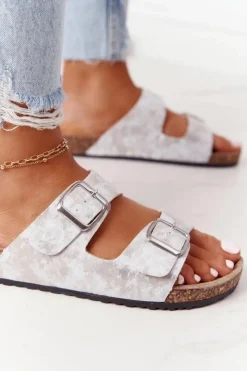 Discount Evento Damskie Klapki Na Korku Z Klamrami Srebrne Vivio Szary