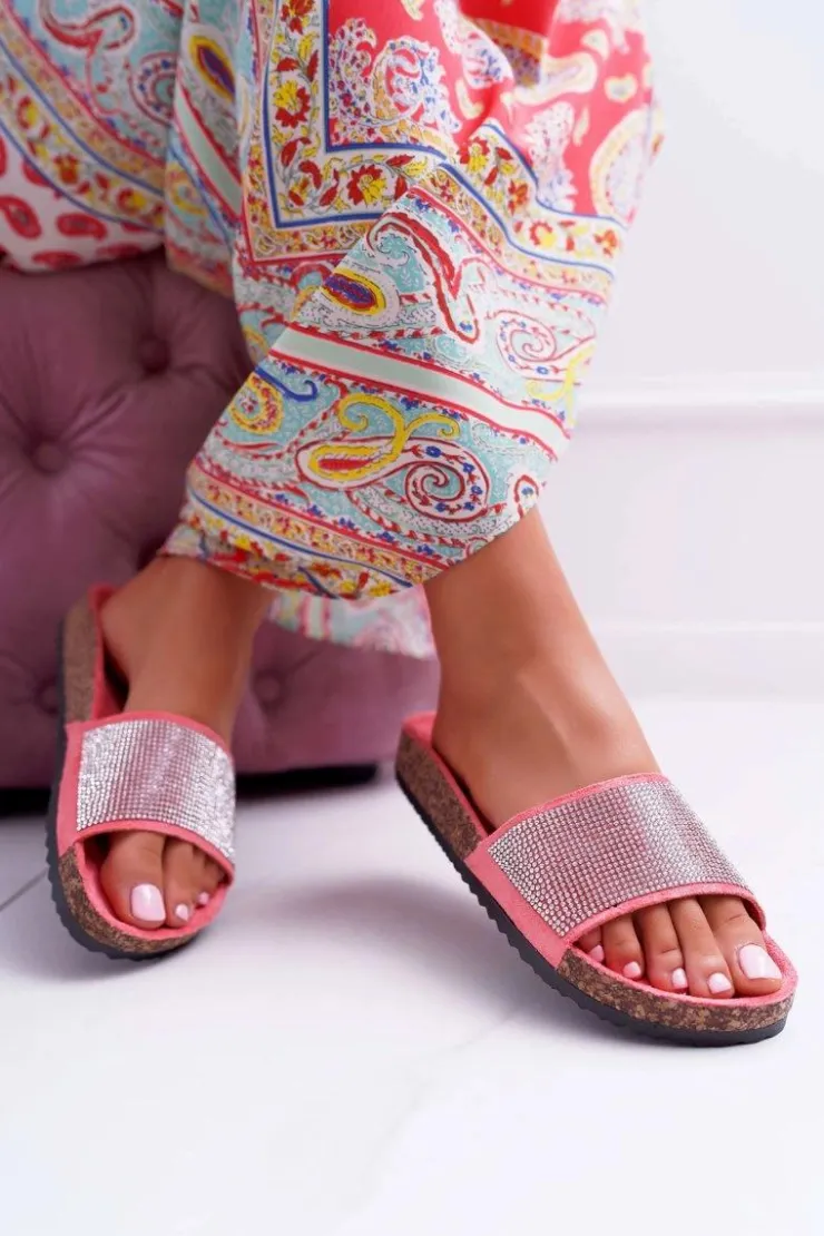 Outlet Boto Damskie Klapki Na Korku Z Kryształkami Koralowe Do It!