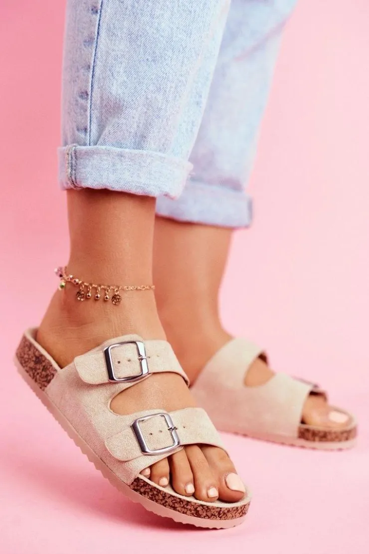 Damskie Evento Damskie Klapki Na Korku Z Klamrami Beżowe Si Senor