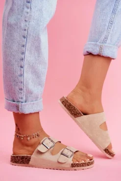 Damskie Evento Damskie Klapki Na Korku Z Klamrami Beżowe Si Senor