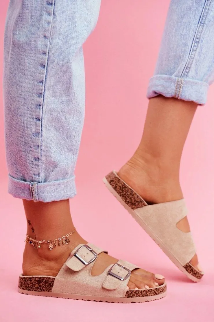 Damskie Evento Damskie Klapki Na Korku Z Klamrami Beżowe Si Senor