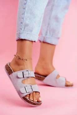 Outlet Evento Damskie Klapki Na Korku Z Klamrami Szare Si Senor