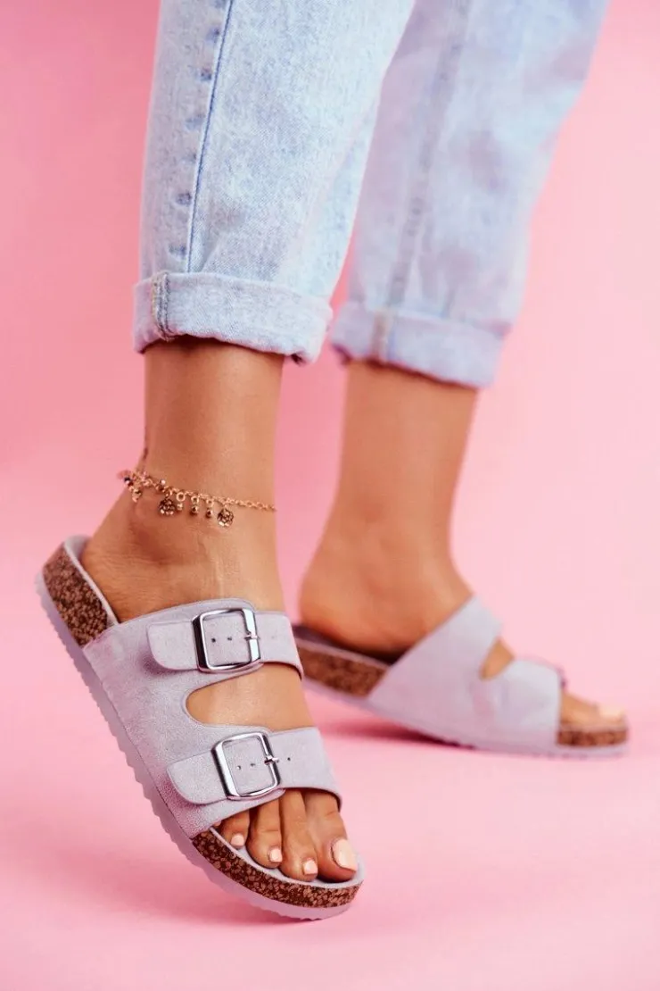 Outlet Evento Damskie Klapki Na Korku Z Klamrami Szare Si Senor