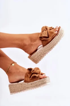 Outlet Boto Damskie Klapki Na Koturnie Z Kokardą Brązowe Tayla