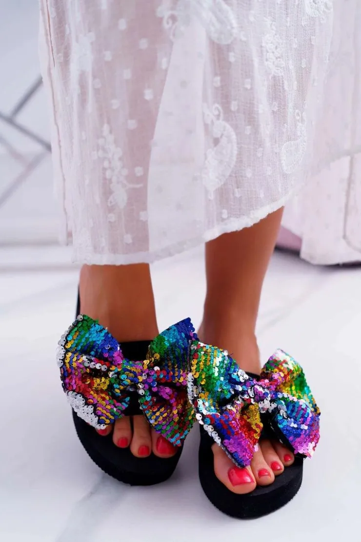 Damskie Boto Damskie Klapki Na Koturnie Piankowe Kokarda Opalizujące Cekiny Meow