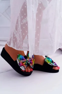 Damskie Boto Damskie Klapki Na Koturnie Piankowe Kokarda Opalizujące Cekiny Meow