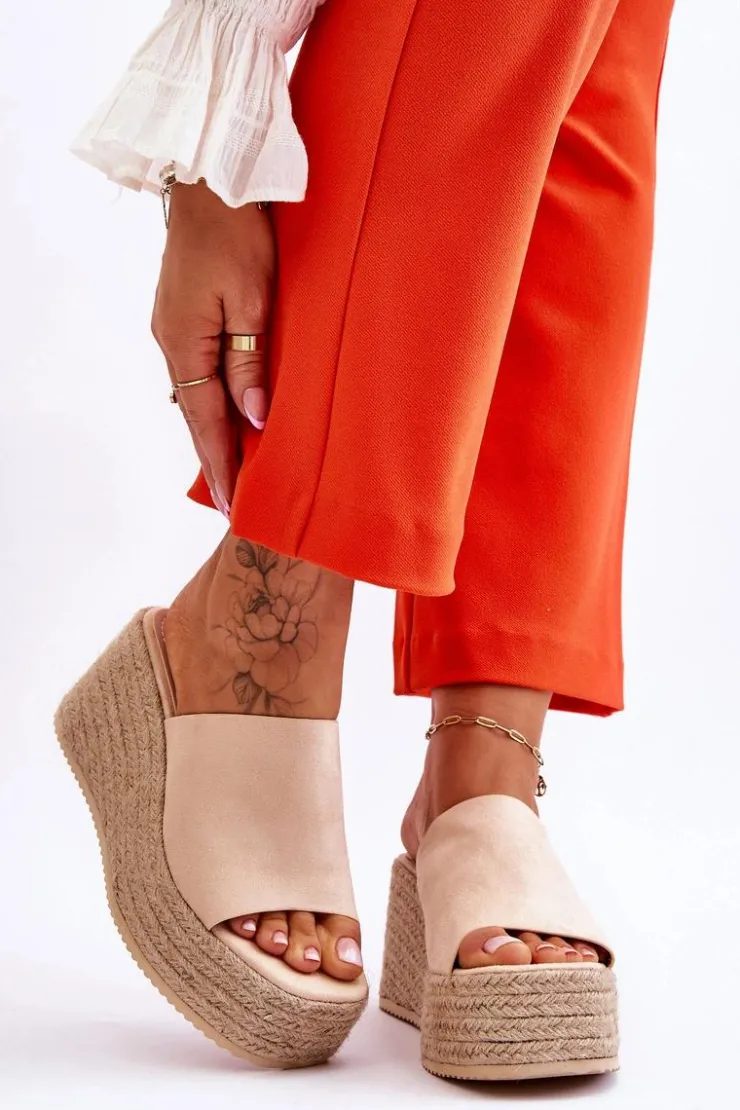 Damskie Boto Damskie Klapki Na Koturnie I Platformie Beżowe Ysabel