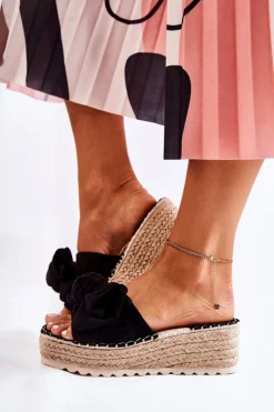 Outlet Boto Damskie Klapki Na Koturnie Z Kokardą Czarne Tayla