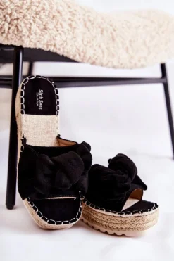 Outlet Boto Damskie Klapki Na Koturnie Z Kokardą Czarne Tayla