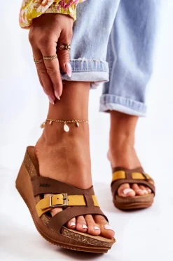 Damskie INBLU Damskie Klapki Na Koturnie EN000024 Brązowo-Żółte