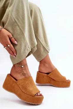 Boto Klapki Na Koturnie|Klapki Na Platformie*Damskie Klapki Na Masywnej Platformie Camel Martina