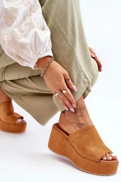 Boto Klapki Na Koturnie|Klapki Na Platformie*Damskie Klapki Na Masywnej Platformie Camel Martina