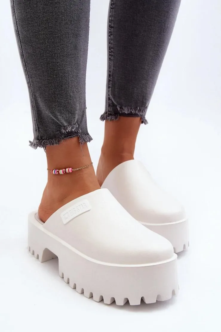 Big Star Shoes Klapki Damskie Big Star|Klapki Damskie Klasyczne*Damskie Klapki Na Masywnej Podeszwie Big Star NN274015 Białe Biały