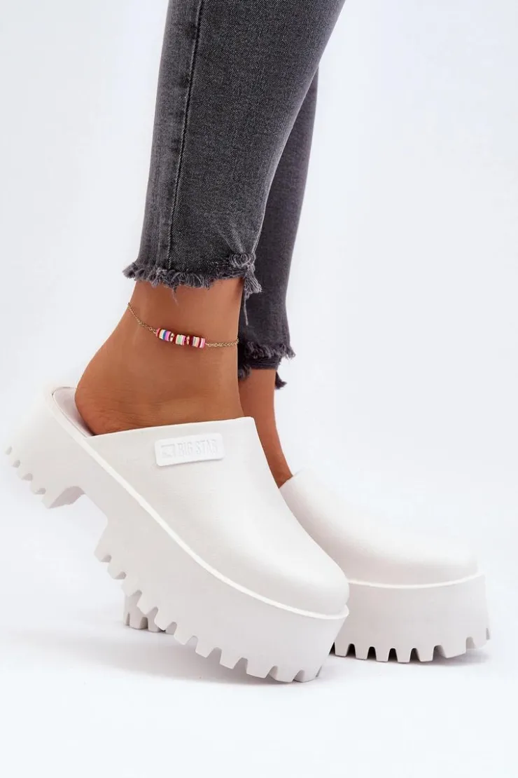 Big Star Shoes Klapki Damskie Big Star|Klapki Damskie Klasyczne*Damskie Klapki Na Masywnej Podeszwie Big Star NN274015 Białe Biały
