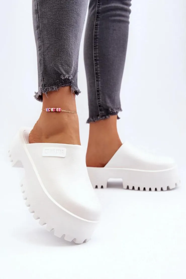 Big Star Shoes Klapki Damskie Big Star|Klapki Damskie Klasyczne*Damskie Klapki Na Masywnej Podeszwie Big Star NN274015 Białe Biały