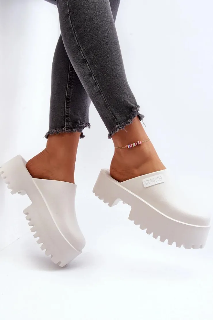 Big Star Shoes Klapki Damskie Big Star|Klapki Damskie Klasyczne*Damskie Klapki Na Masywnej Podeszwie Big Star NN274015 Białe Biały