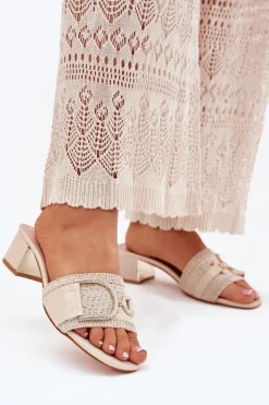 Clearance Boto Damskie Klapki Na Obcasie Z Ozdobnym Detalem Beżowe Julinemi