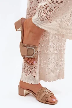 Boto Klapki Na Obcasie|Klapki Damskie Klasyczne*Damskie Klapki Na Obcasie Z Ozdobnym Detalem Ciemnobeżowe Julinemi Beżowy