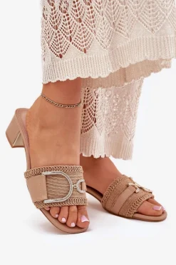 Boto Klapki Na Obcasie|Klapki Damskie Klasyczne*Damskie Klapki Na Obcasie Z Ozdobnym Detalem Ciemnobeżowe Julinemi Beżowy