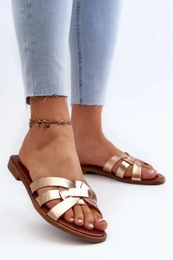 Outlet Evento Damskie Klapki Na Płaskim Obcasie Z Eko Skóry Złote Rosalini