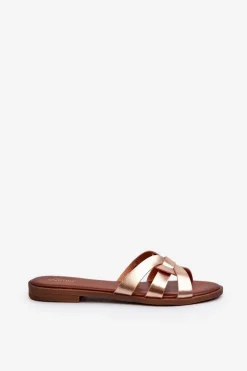 Outlet Evento Damskie Klapki Na Płaskim Obcasie Z Eko Skóry Złote Rosalini