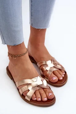 Outlet Evento Damskie Klapki Na Płaskim Obcasie Z Eko Skóry Złote Rosalini