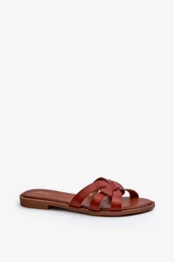 Evento Klapki Damskie Klasyczne*Damskie Klapki Na Płaskim Obcasie Z Eko Skóry Brązowe Rosalini