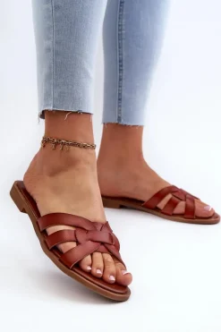 Evento Klapki Damskie Klasyczne*Damskie Klapki Na Płaskim Obcasie Z Eko Skóry Brązowe Rosalini