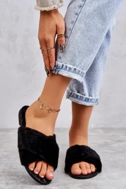 Hot Boto Damskie Klapki Na Płaskim Obcasie Z Futerkiem Czarne Lussie