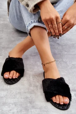 Hot Boto Damskie Klapki Na Płaskim Obcasie Z Futerkiem Czarne Lussie