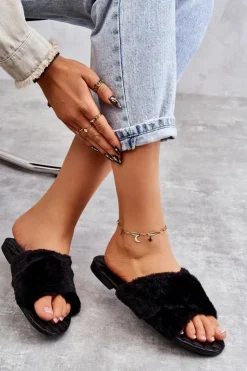 Hot Boto Damskie Klapki Na Płaskim Obcasie Z Futerkiem Czarne Lussie