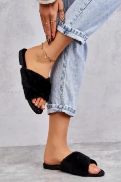 Hot Boto Damskie Klapki Na Płaskim Obcasie Z Futerkiem Czarne Lussie