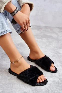 Hot Boto Damskie Klapki Na Płaskim Obcasie Z Futerkiem Czarne Lussie