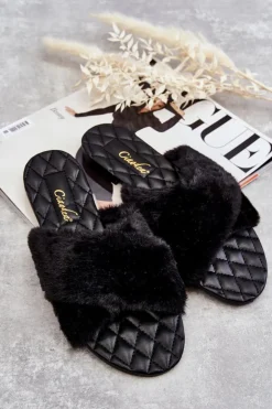 Hot Boto Damskie Klapki Na Płaskim Obcasie Z Futerkiem Czarne Lussie