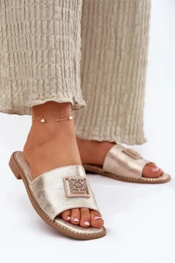 Damskie buty S.Barski Damskie Klapki Na Płaskim Obcasie Z Ozdobą S.Barski KV51-089 Złote