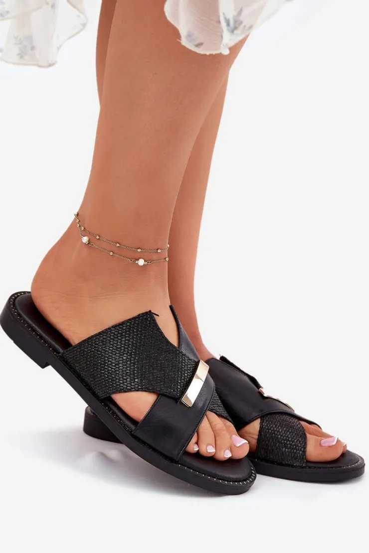 Damskie Buty damskie Vinceza Damskie Klapki Na Płaskim Obcasie Z Ozdobnym Detalem Vinceza 17385 Czarne