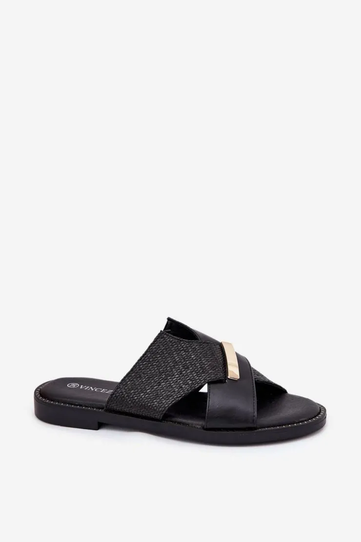 Damskie Buty damskie Vinceza Damskie Klapki Na Płaskim Obcasie Z Ozdobnym Detalem Vinceza 17385 Czarne