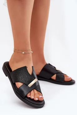 Damskie Buty damskie Vinceza Damskie Klapki Na Płaskim Obcasie Z Ozdobnym Detalem Vinceza 17385 Czarne