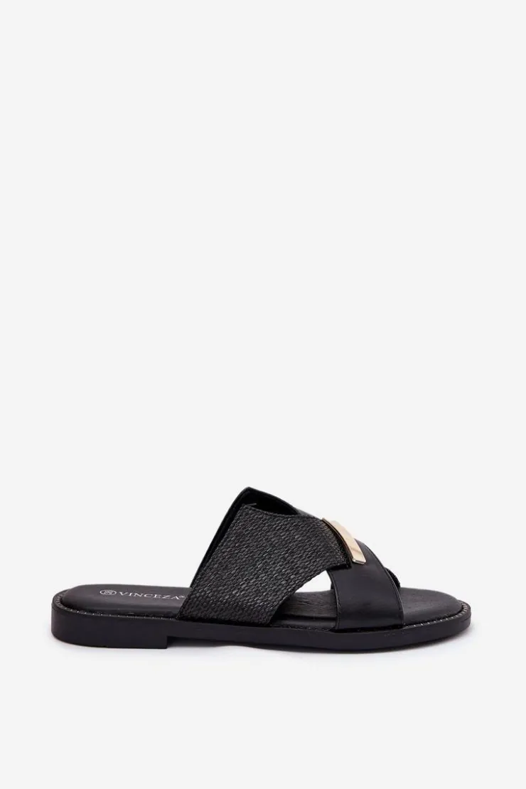 Damskie Buty damskie Vinceza Damskie Klapki Na Płaskim Obcasie Z Ozdobnym Detalem Vinceza 17385 Czarne