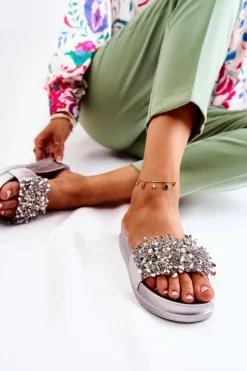 Boto Klapki Na Koturnie|Klapki Na Obcasie*Damskie Klapki Na Platformie Z Ozdobami Srebrne Almina