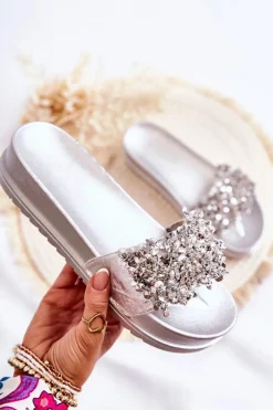 Boto Klapki Na Koturnie|Klapki Na Obcasie*Damskie Klapki Na Platformie Z Ozdobami Srebrne Almina